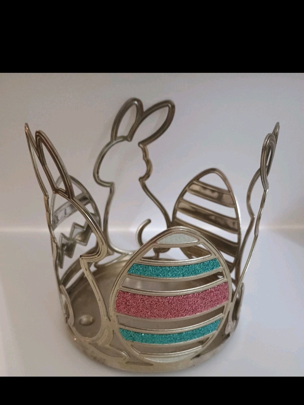 Rare Bath & Body Works Easter Bunny Egg 3 Wick Candle Holder Glitter Metal Decor